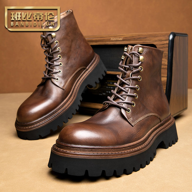 头层牛皮厚底马丁靴男高帮拉链复古英伦真皮工装靴男士机车靴冬季