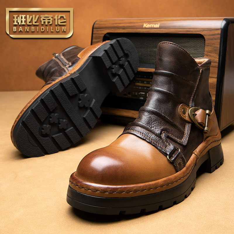 加绒拉链一脚蹬英伦马丁靴男真皮手工新款机车切尔西靴男牛皮短靴