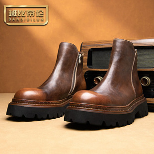 头层牛皮厚底切尔西靴男士短靴手工英伦复古拉链真皮马丁靴男中帮