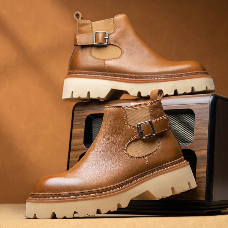 增高厚底工装靴男士牛皮短靴低帮拉链英伦复古切尔西马丁靴男真皮