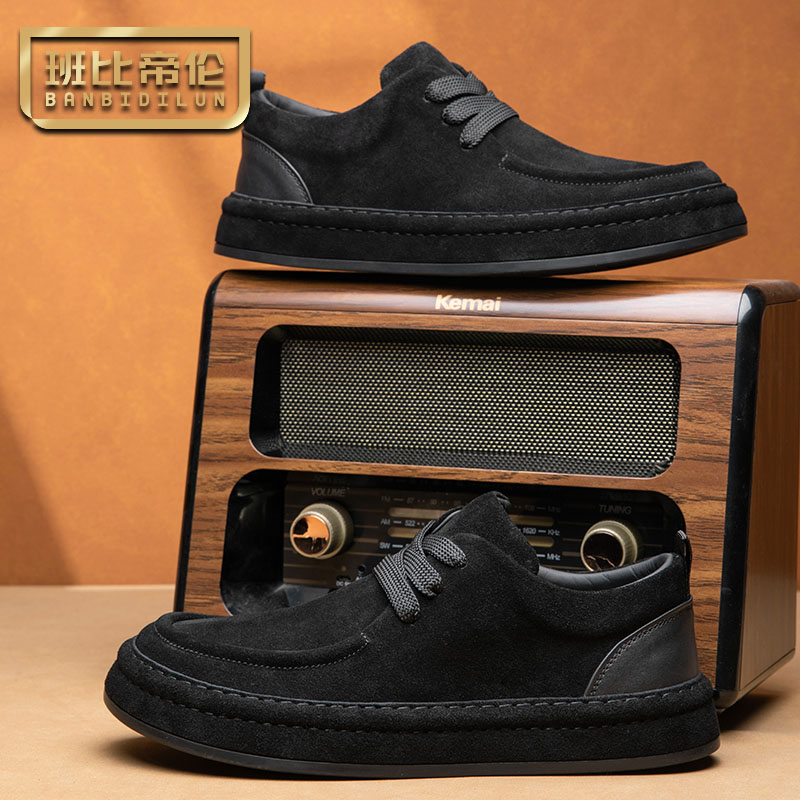 反绒休闲皮鞋男真皮透气软底商务新款头层牛皮男鞋复古英伦勃肯鞋