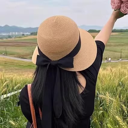 法式蝴蝶结草编大檐防晒渔夫帽