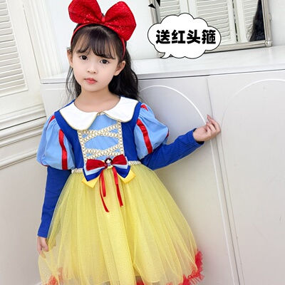 25生日礼服裙迪士尼女童白雪公主裙棉针织蓬蓬纱裙小孩秋季长袖新