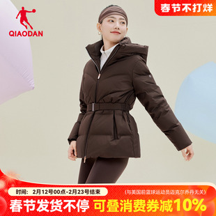 乔丹轻薄款运动羽绒服女连帽收腰束带保暖外套黑商场同款2254393