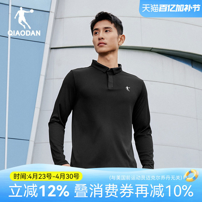 乔丹翻领抗皱长袖t恤男士polo衫春春季新款休闲商务中年爸爸黑色