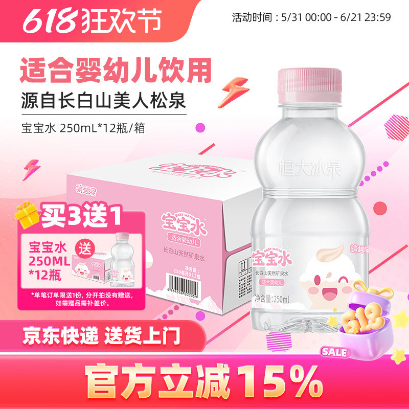 恒大冰泉宝宝水婴幼儿童低钠饮用水天然矿泉水250mL*12瓶小瓶整箱