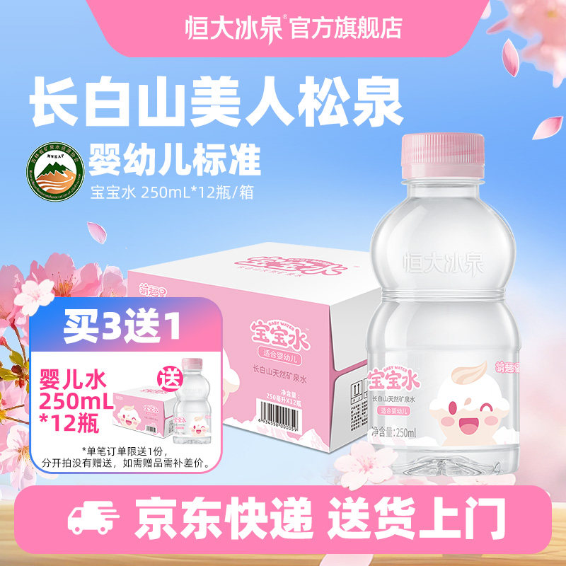 恒大冰泉宝宝水婴幼儿童低钠饮用水天然矿泉水250mL*12瓶小瓶整箱