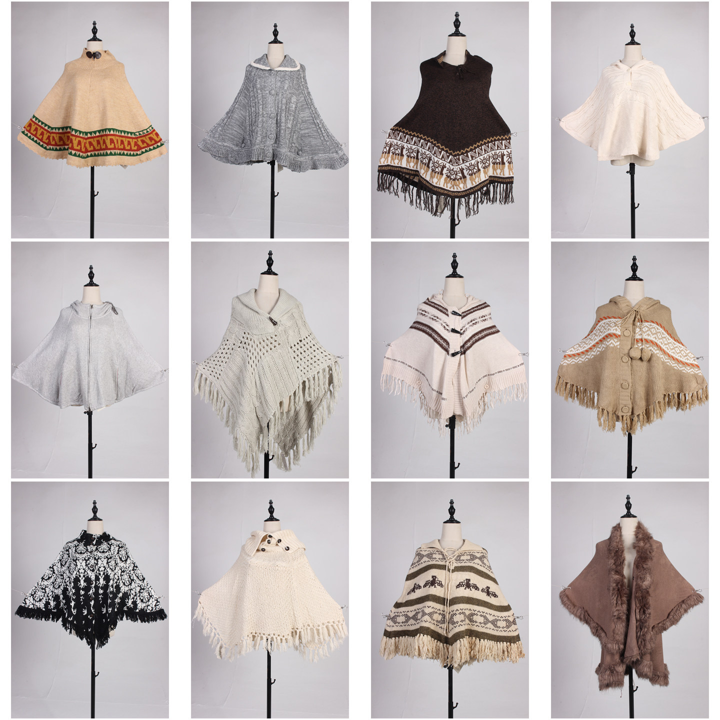 DA380古着vintage日系秋冬森系文艺复古风针织毛线流苏披肩斗篷女