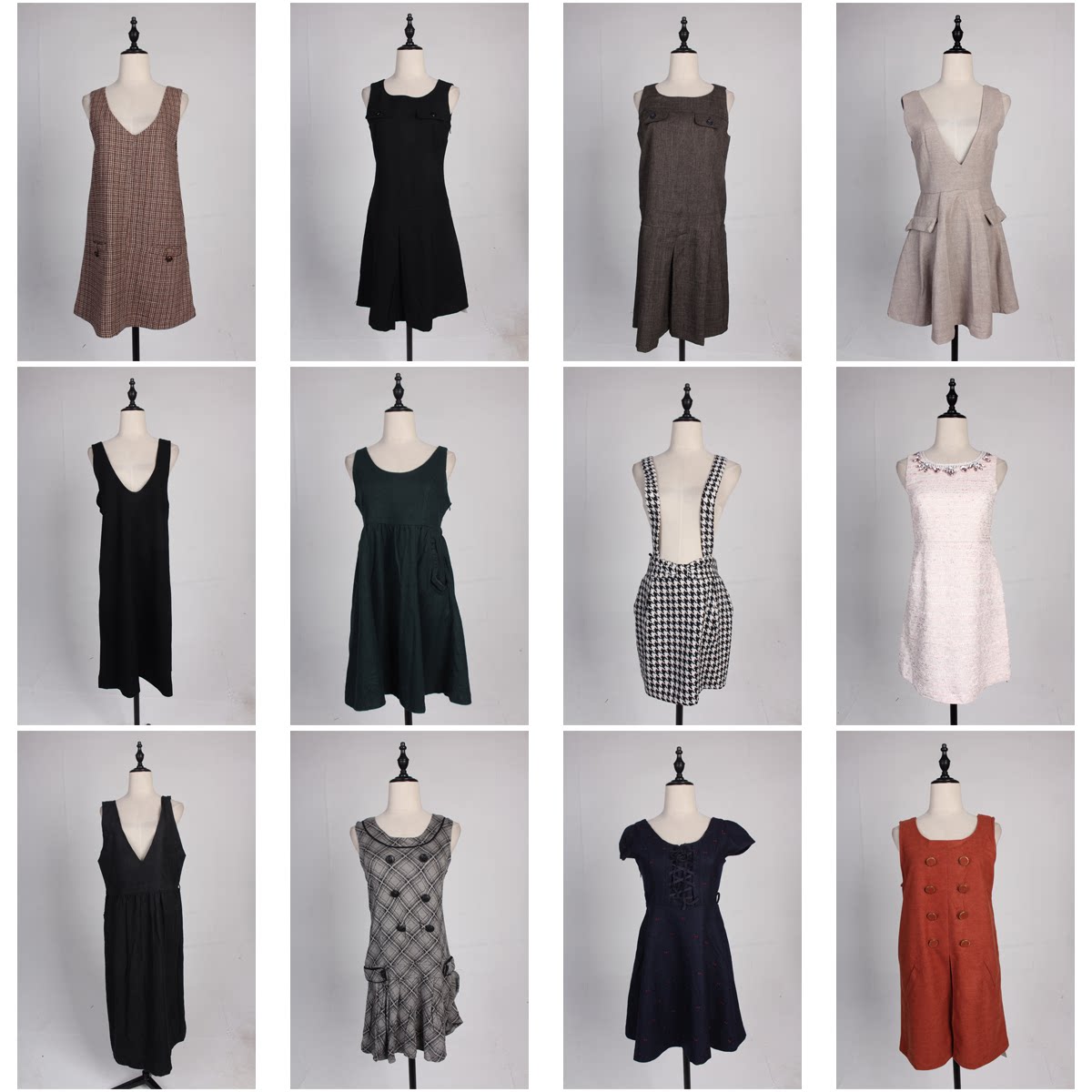 BX76古着vintage日系赫本风秋冬毛呢格子复古风无袖背心裙连衣裙