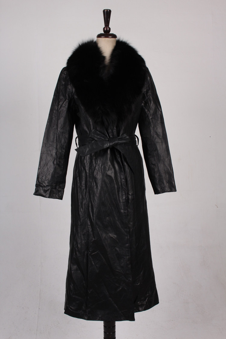 日本制真皮大翻领腰带设计款中古女装中长款vintage大衣H455