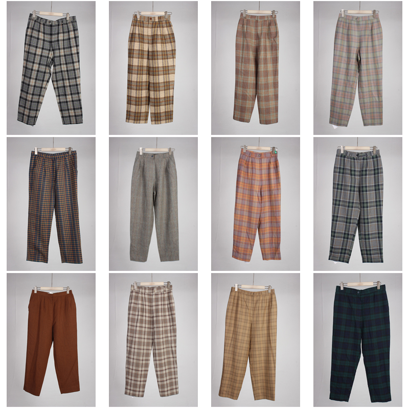 KZ178古着vintage春秋日系复古风萝卜裤格子裤哈伦裤九分裤长裤女