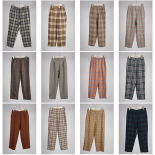 长裤 KZ178古着vintage春秋日系复古风萝卜裤 九分裤 哈伦裤 女 格子裤