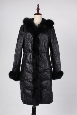 PP12-00119古着vintage羊皮狐毛领兔毛连帽皮衣中长款羽绒大衣女