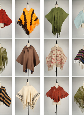 DA387古着vintage日系甜美文艺森系女装春秋针织毛线流苏披肩斗篷