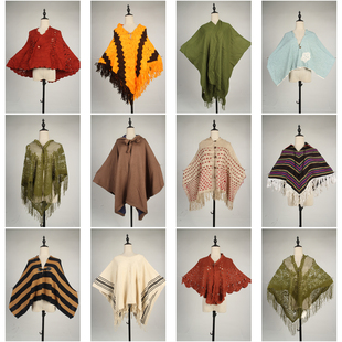 DA387古着vintage日系甜美文艺森系女装春秋针织毛线流苏披肩斗篷