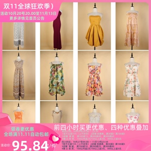 LY643古着vintage日系花色海边度假夏季中长款抹胸挂脖吊带连衣裙