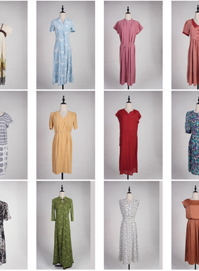 LY580古着vintage日系花色复古女装甜美风夏季中长款短袖连衣裙