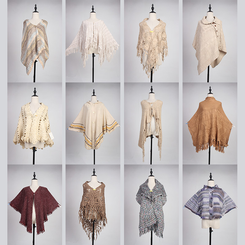 DA155古着vintage春秋中古日系文艺森系甜美毛线针织流苏斗篷披肩