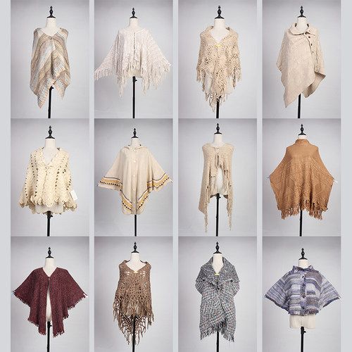 DA155古着vintage春秋中古日系文艺森系甜美毛线针织流苏斗篷披肩