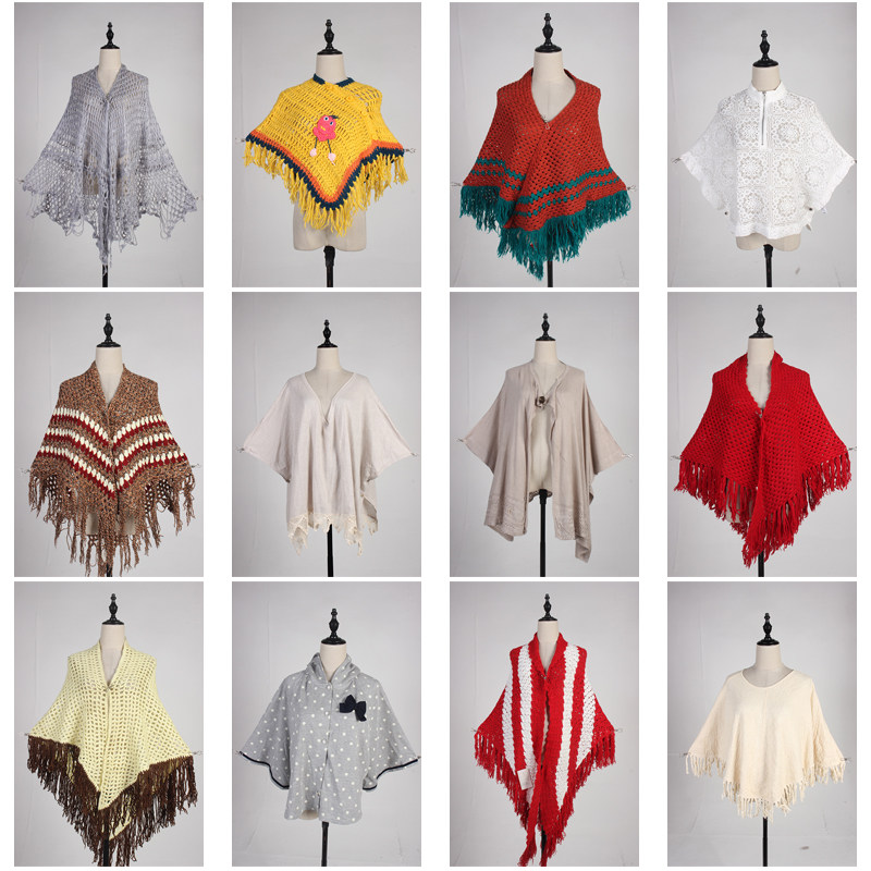 DA265古着vintage日系流苏毛线针织田园文艺森系春秋冬披肩斗篷女