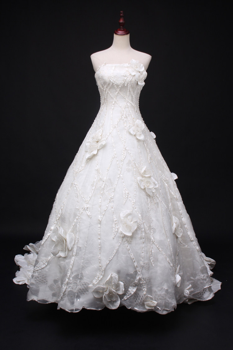 LF11-00205古着中古vintage抹胸钉珠花朵三件套婚纱拖尾礼服晚装