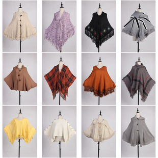 DA378古着vintage日系秋冬森系文艺复古风针织毛线流苏披肩斗篷女
