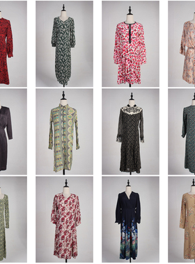 LY584古着vintage日系花色复古女装甜美风春秋季中长款长袖连衣裙