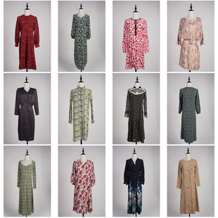 LY584古着vintage日系花色复古女装甜美风春秋季中长款长袖连衣裙