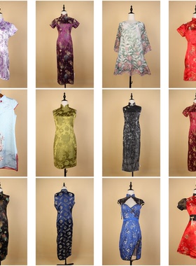 QP20古着vintage日制春夏花色中长款旗袍