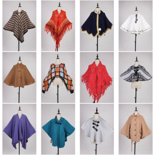 DA451古着vintage日系秋冬甜美风森系田园毛线针织流苏披肩斗篷女