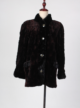 TM194-02487古着vintage真皮草貂绒水貂毛冬季保暖中长款大衣外套
