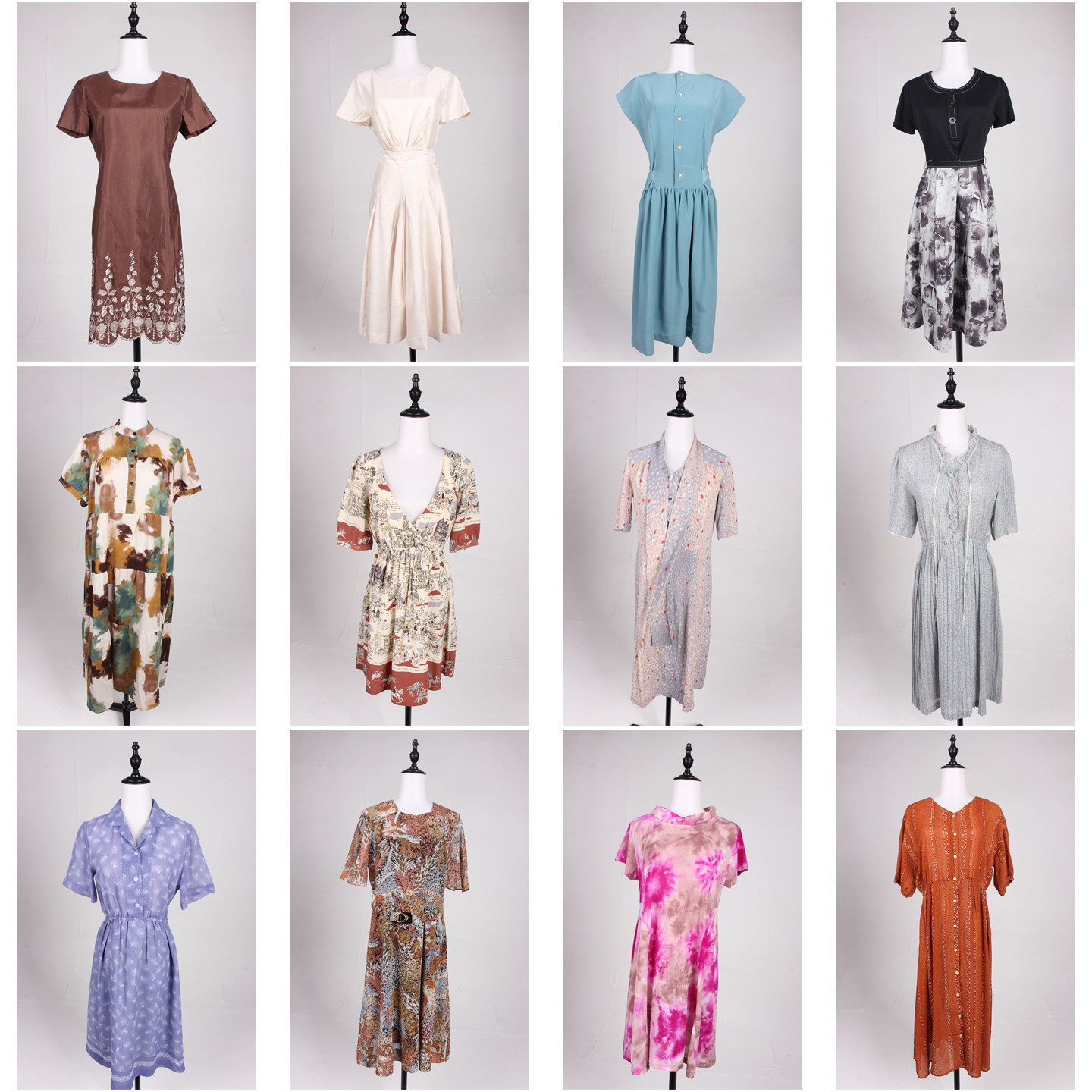 LK57古着vintage日系复古风港风文艺百搭中古中长款短袖连衣裙夏