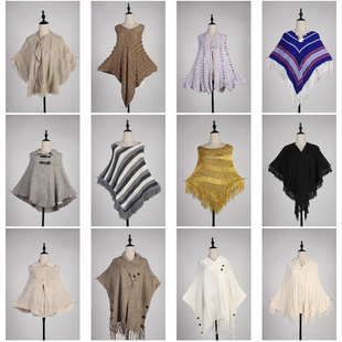 DA249古着vintage日系文艺森系针织流苏甜美风春秋冬披肩斗篷女