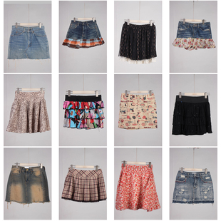 BK664古着vintage日系复古风碎花牛仔拼接设计款 甜美短裙半身裙夏
