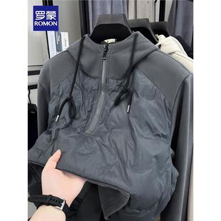 罗蒙2025秋冬新款男士轻薄羽绒服短款加绒加厚保暖半拉炼连帽卫衣