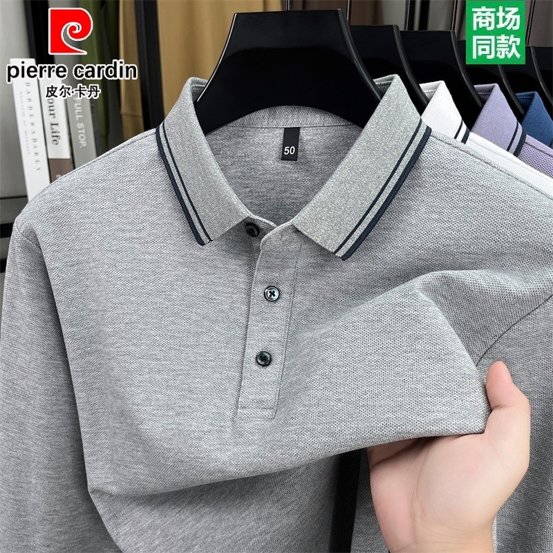 皮尔卡丹秋季纯棉长袖t恤男士商务休闲翻领POLO衫爸爸装宽松上衣