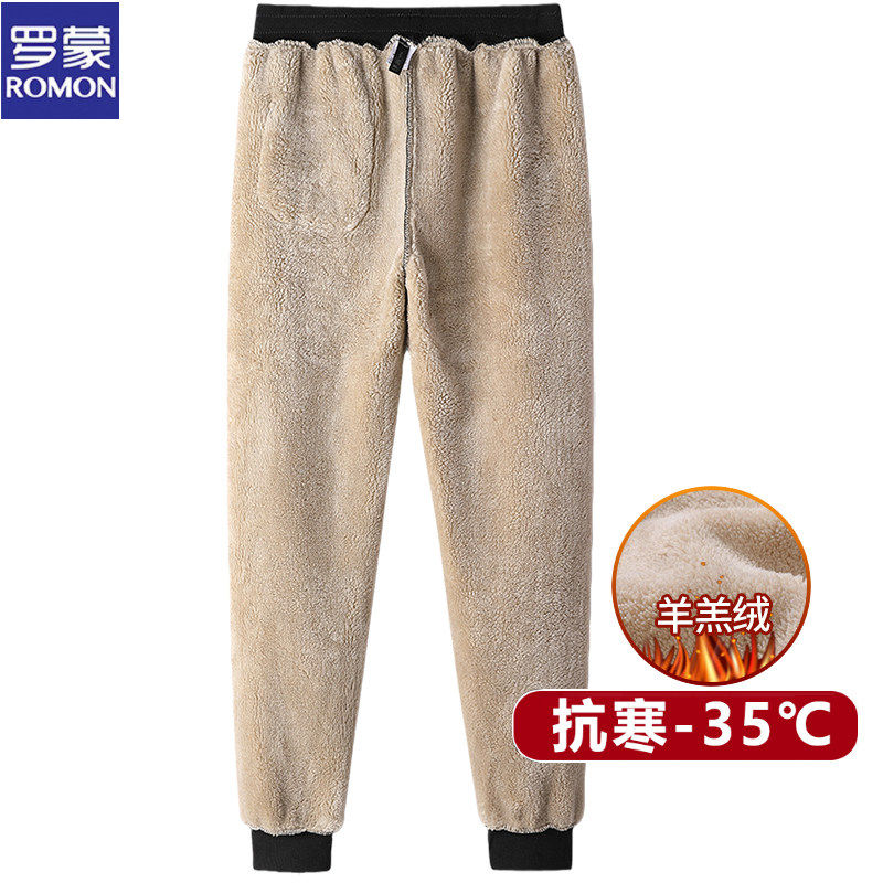 罗蒙羊羔绒男裤加绒加厚冬季保暖休闲卫裤百搭发热特厚运动裤子男