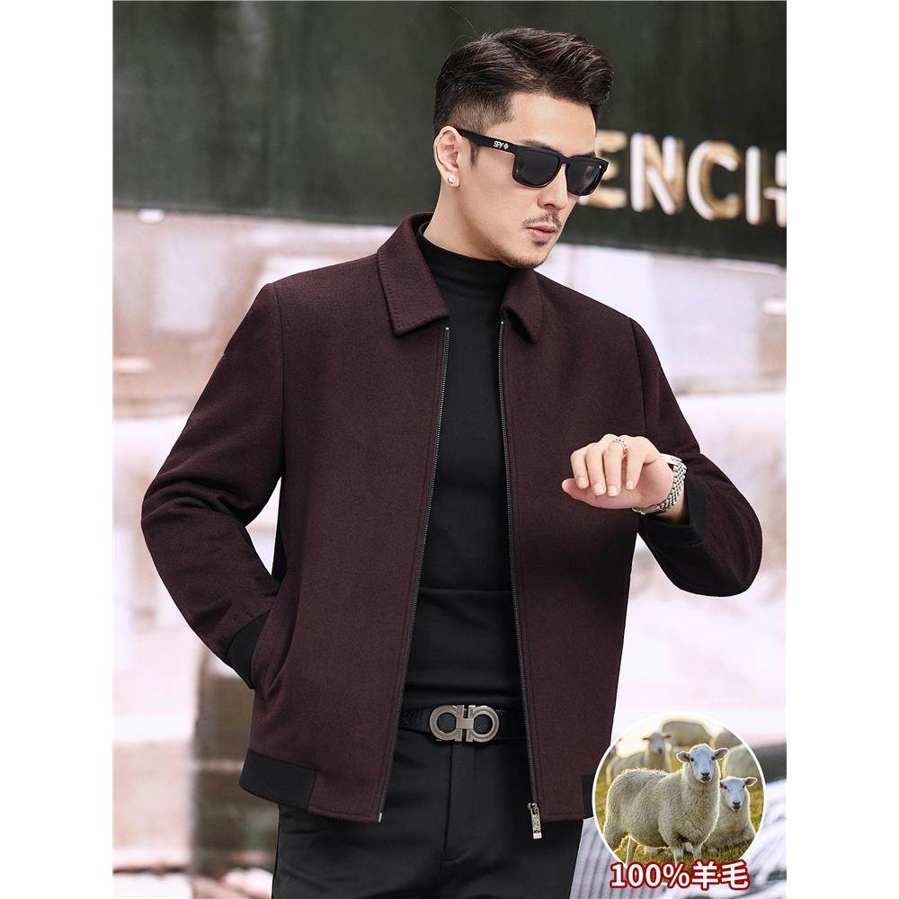 罗蒙高端100%纯羊毛夹克男士翻领毛呢外套中青年爸爸秋冬羊绒呢子