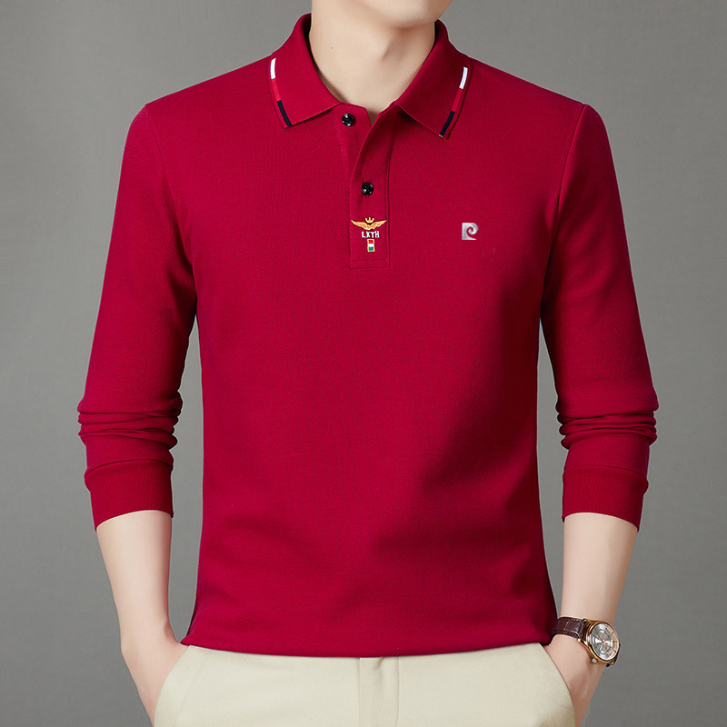 皮尔卡丹加绒加厚纯棉男士长袖t恤本命年大红色体恤翻领打底衫冬