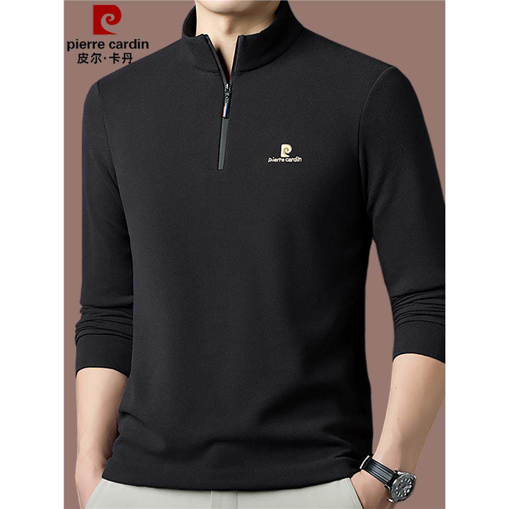 皮尔卡丹高端长袖t恤男秋冬纯棉休闲立领打底polo衫保暖卫衣男潮