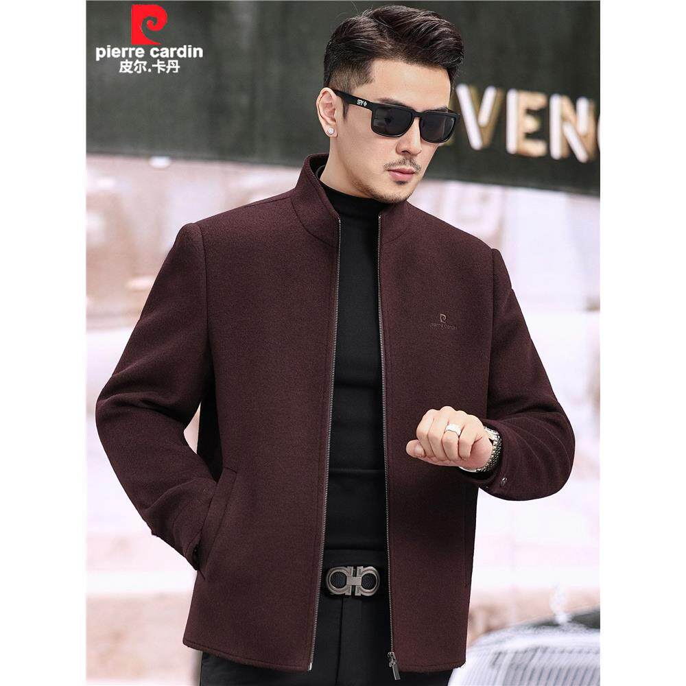 皮尔卡丹羊毛夹克男士秋冬可拆鹅绒内胆爸爸红色婚宴中年外套立领