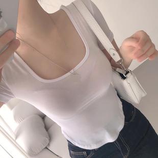 女人味U领弧形下摆白色短袖 YM097亲肤显身材 T恤me