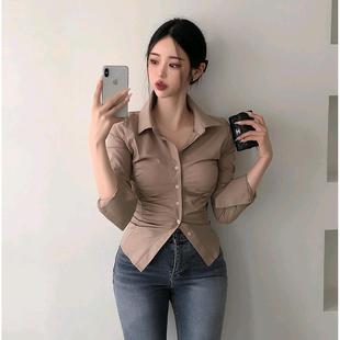 性感女人味 现货 Onoev新款 褶皱翻领收腰长袖 衬衫