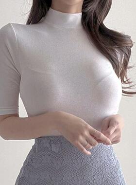 YJ328经典百搭款~显身材半高领白色紧身短袖T恤gn