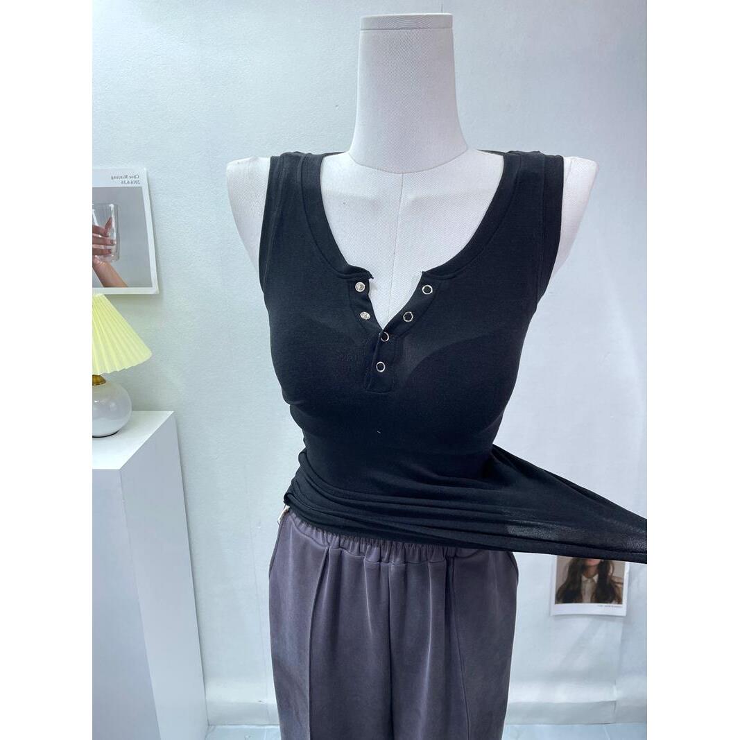 又辣又欲~薄款微透半开领无袖T袖上衣女修身性感弹力背心打底衫