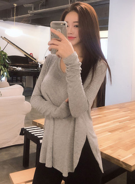 自留 YF212经典基础款~百搭V领侧开叉宽松长袖T恤se