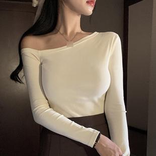 OnoevME100气质露肩女人味 T恤sn 性感舒适奶白色修身 长袖