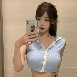 气质女人味披肩撞色无袖 性感显胸背心 T恤女设计高腰短款 别致修身