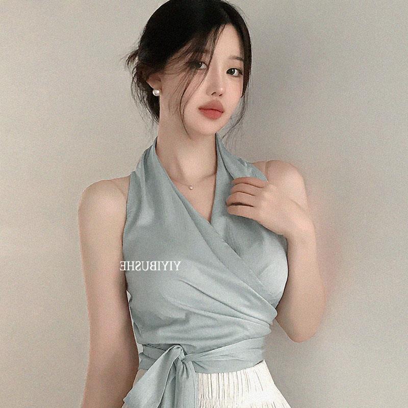 当天发 OnoevMP025气质天蓝色~女人味V领系带无袖衬衫上衣