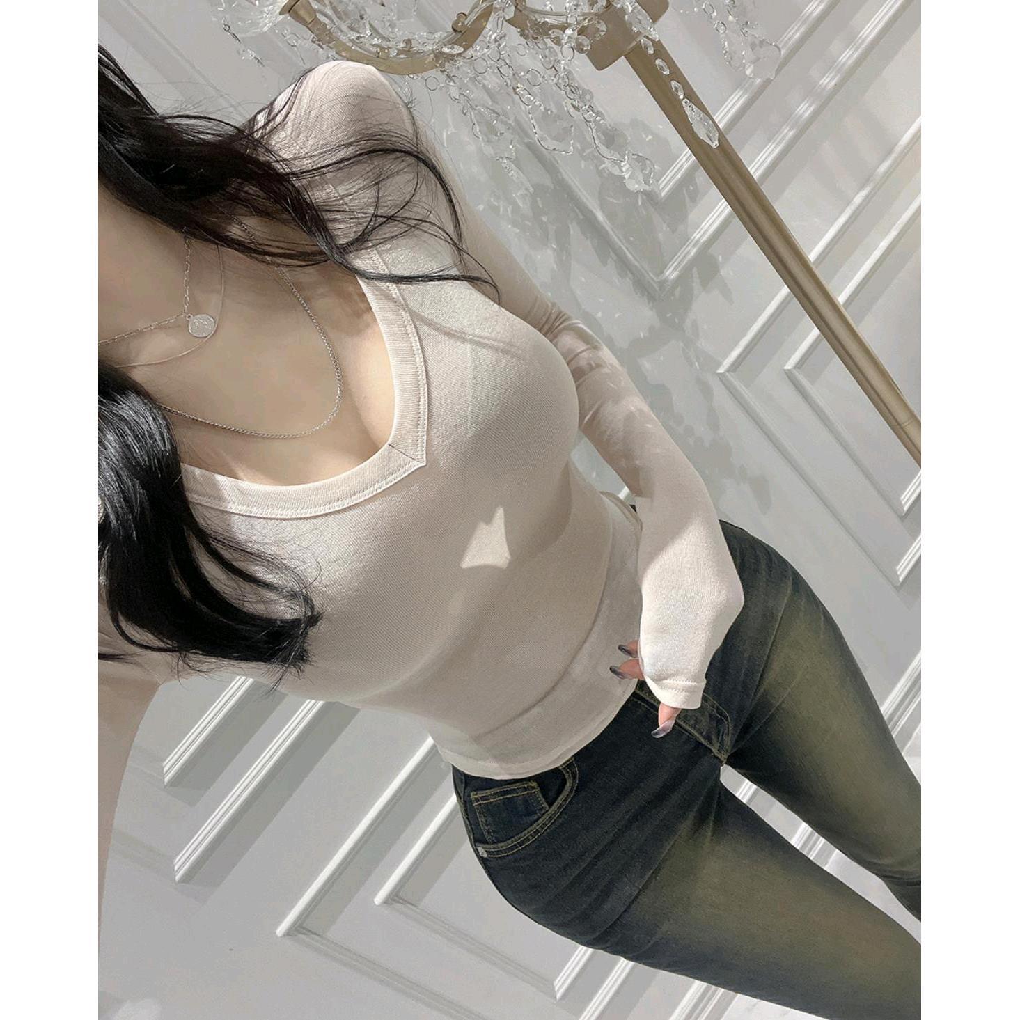 现货~Onoev新款长袖V领T恤显身材微透人造丝弧形收腰T恤